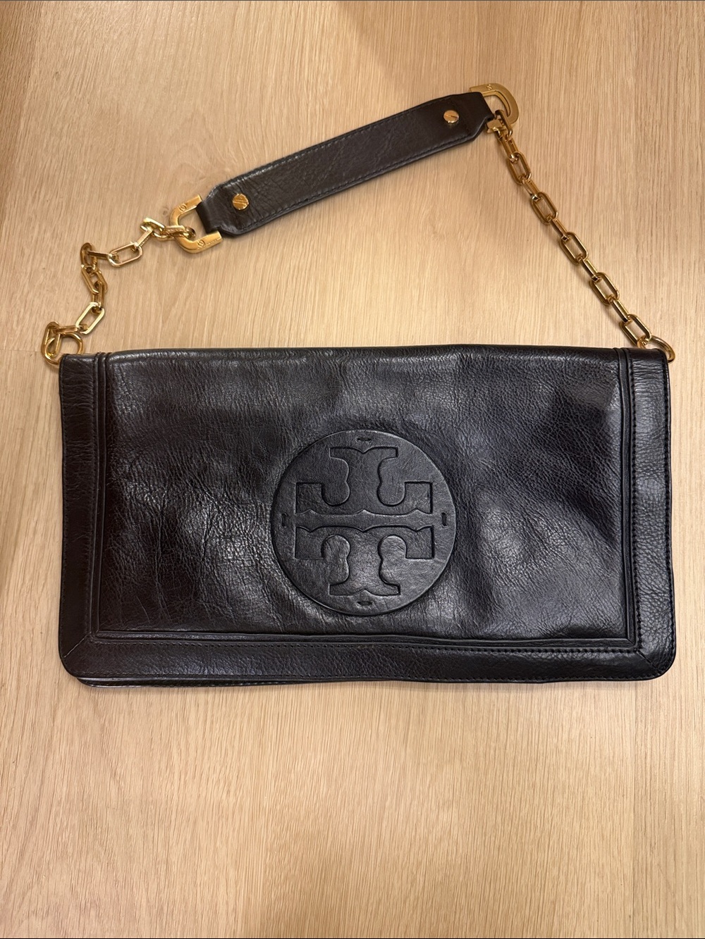 Tory Burch Black Leather Fold-Over Messenger with Gold Chain Strap